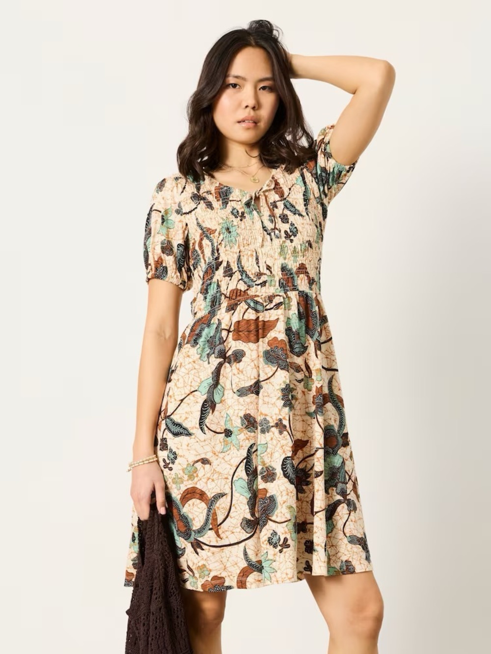 Fat Face Cream Floral Mini Dress with Teal and Brown Accents